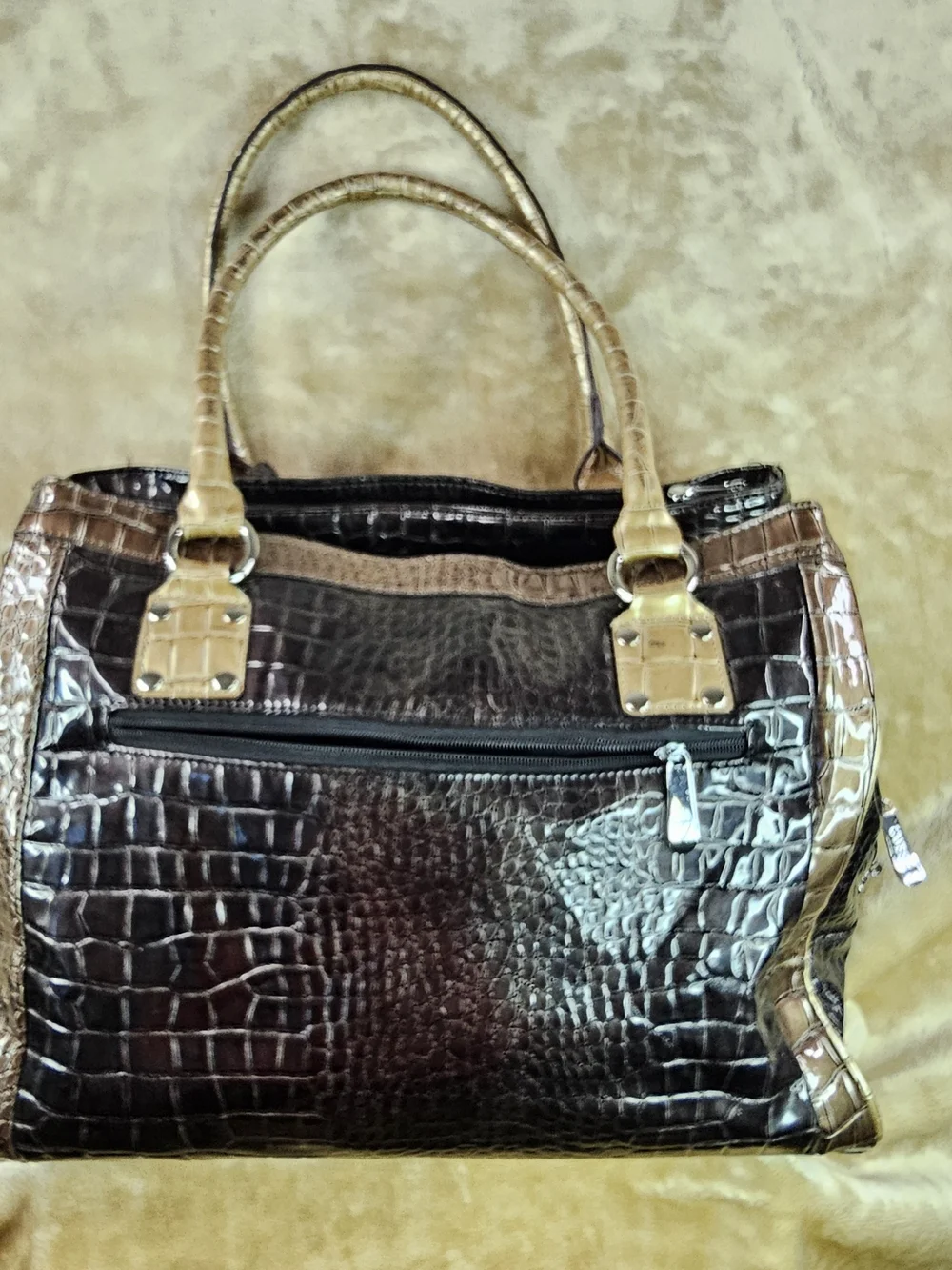 GUESS Metallic Black Croc-Embossed Tote and Satchel Set